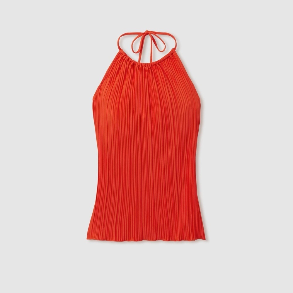 GOOD AMERICAN PLISSE HALTER-NECK BEACH COVER-UP TOP IN RED PLISSE HALTER XXS/XS